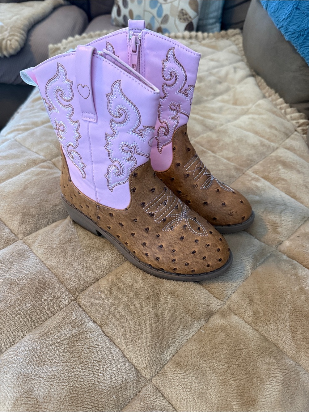 PAWZ Pink and Brown Girls' Embossed Western Boots